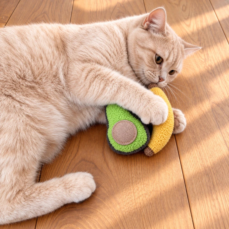 Cream cat hugging avocado and banana catnip toys during play